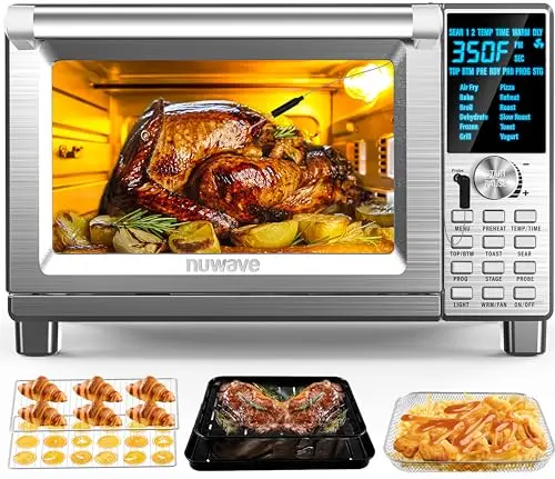 Nuwave Bravo XL Air Fryer Toaster Oven Combo in brushed stainless steel