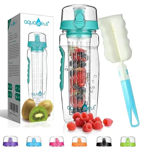 AquaFrut 32oz teal plastic fruit infuser sports bottle with a flip-top lid and drinking spout.
