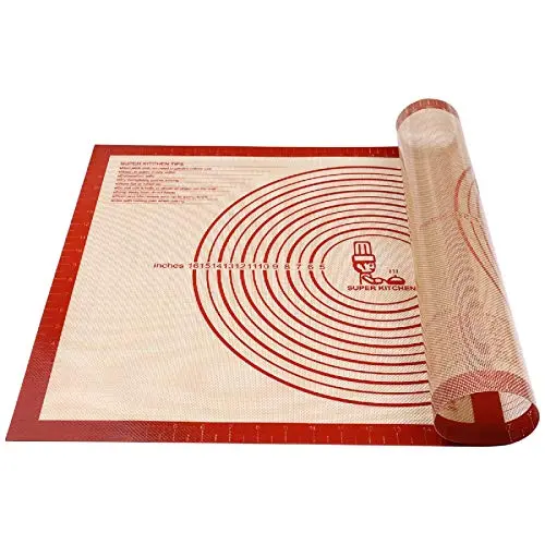 Folksy Super Kitchen red silicone pastry mat with measurements on counter