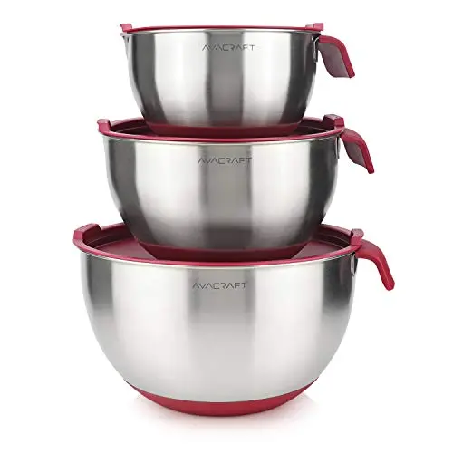 AVACRAFT set of three red stainless steel mixing bowls with black silicone bases and lids