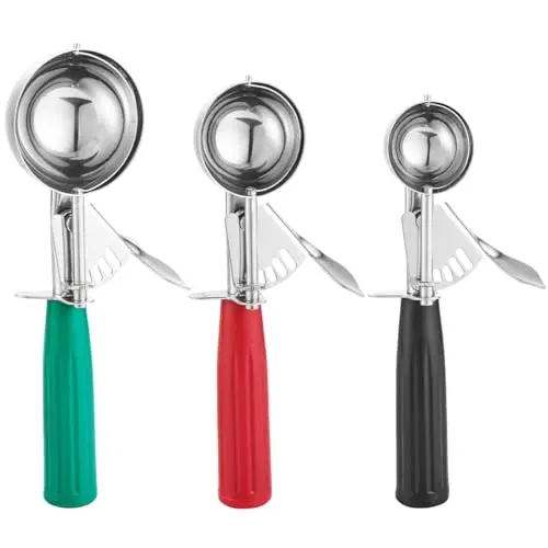 Saebye set of three cookie scoops with black, red, and green handles