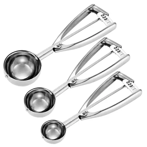 Fayomir set of three stainless steel cookie scoops in small, medium, and large sizes