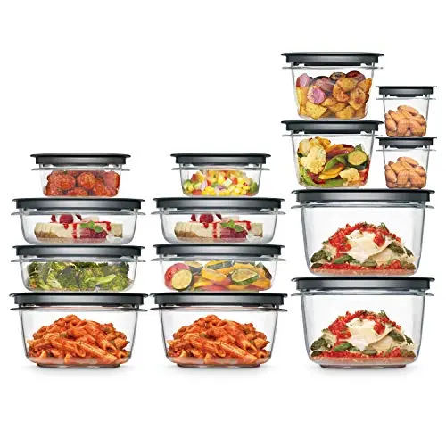 Rubbermaid Premier clear round food storage containers with grey snap-on lids, showing various sizes.