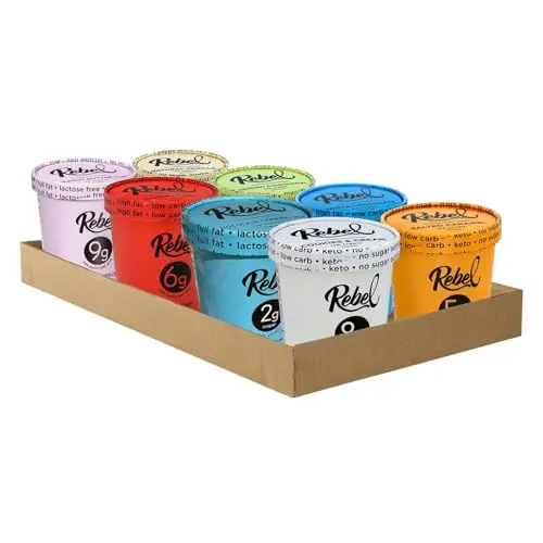 Rebel Keto Ice Cream pints in a variety pack, showing flavors like Cookies & Cream and Salted Caramel