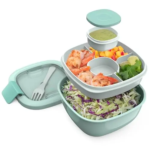 Bentgo salad container with large bowl, separate toppings tray, and dressing container