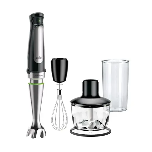 Braun MultiQuick 7 immersion blender with food processor and whisk attachments on a counter.