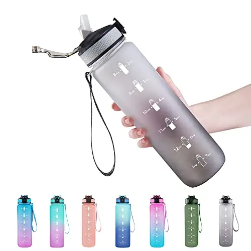EYQ 32oz plastic water bottle with a black and gray gradient finish, time markers, and a carrying strap.