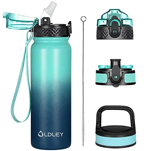 Oldley 20oz insulated stainless steel water bottle with three interchangeable lids