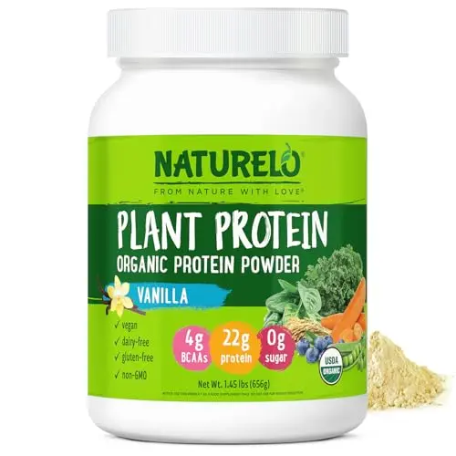 NATURELO Plant Protein Powder with superfoods in a vanilla container