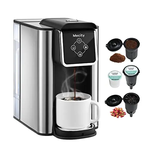 Mecity 3-in-1 single-serve coffee maker in silver and black