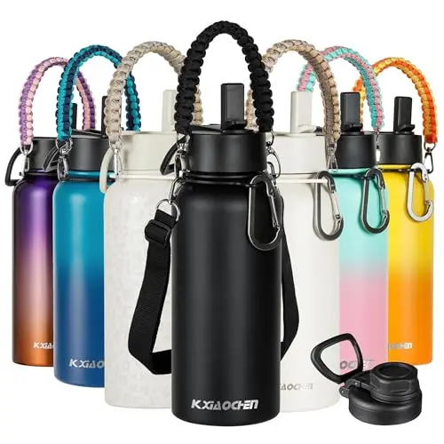 KXIAOCHEN stainless steel water bottle with a black powder coat, paracord handle, and a removable shoulder strap.
