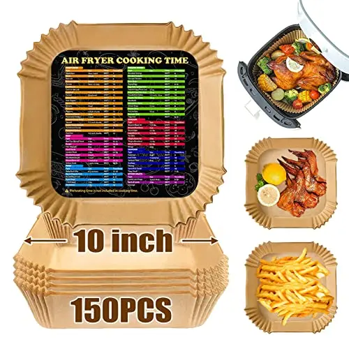 Package of large 10-inch square parchment paper air fryer liners