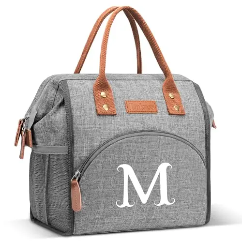 Personalized initial insulated lunch tote bag for women