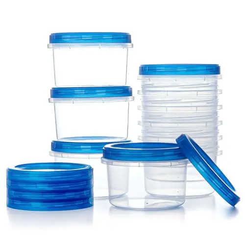 Atecare 10-pack of heavy-duty 16 oz round freezer containers with blue twist-top lids