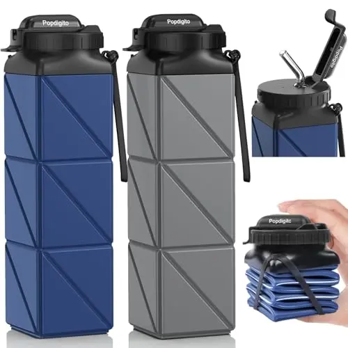 Two Popdigito collapsible silicone water bottles in dark grey and blue, folded and unfolded.