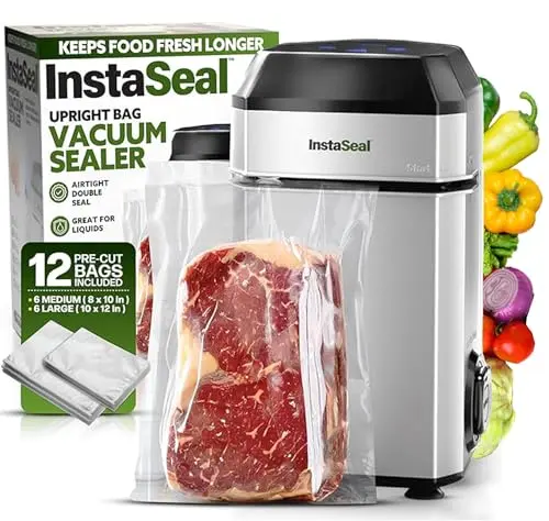 Silver InstaSeal upright vacuum sealer machine on a kitchen counter