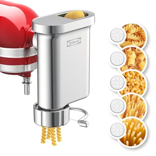 Metal pasta maker attachment for KitchenAid stand mixer with interchangeable discs.