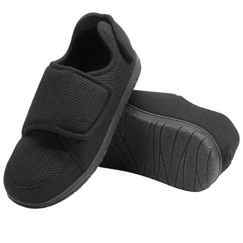 WALKFUN black adjustable house shoes with mesh upper and memory foam