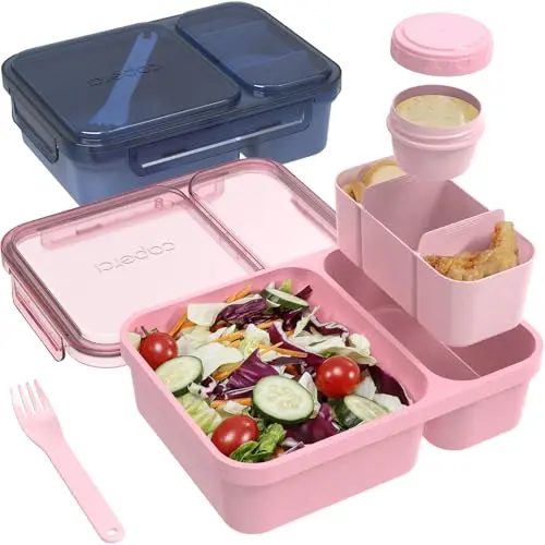 Two Caperci salad containers in navy and pink with a removable three-compartment tray