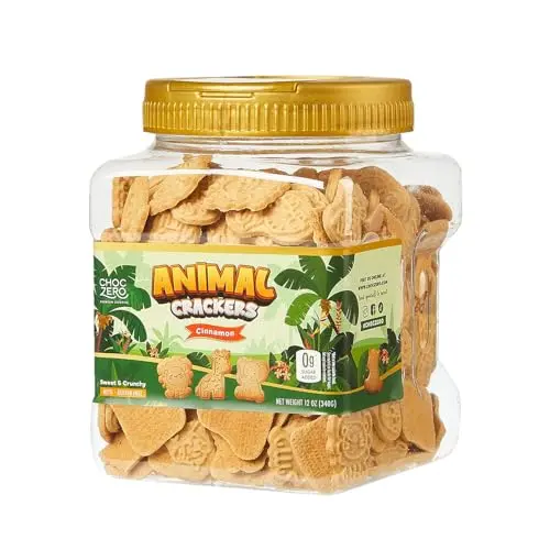 ChocZero Animal Crackers Cookies in a resealable tub with fun animal shapes