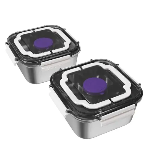 Set of two white stainless steel salad containers with compartment trays